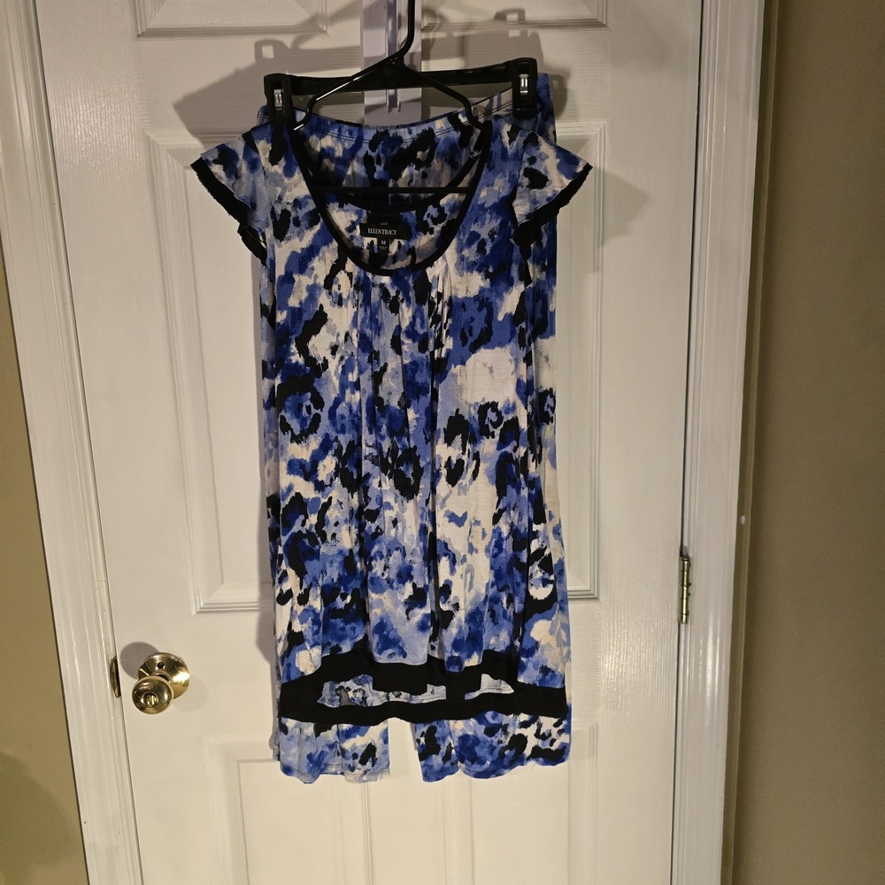 Ellen Tracy Blue Abstract Print Pajama Set Top & Wide Leg Pants Womens Medium